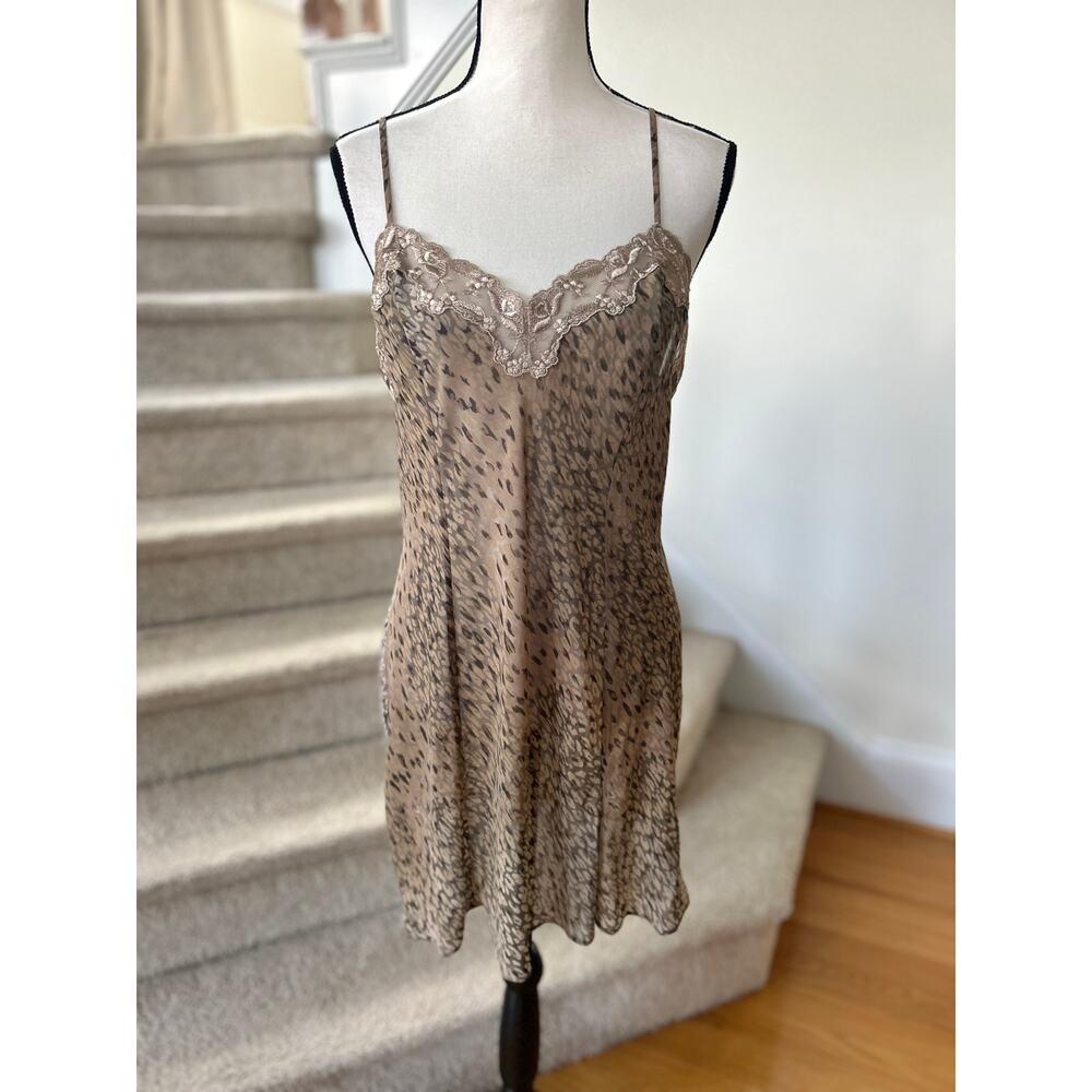 Victoria Secret Brown Tan Leopard Print Lace Trim Slip Nightie Lingerie